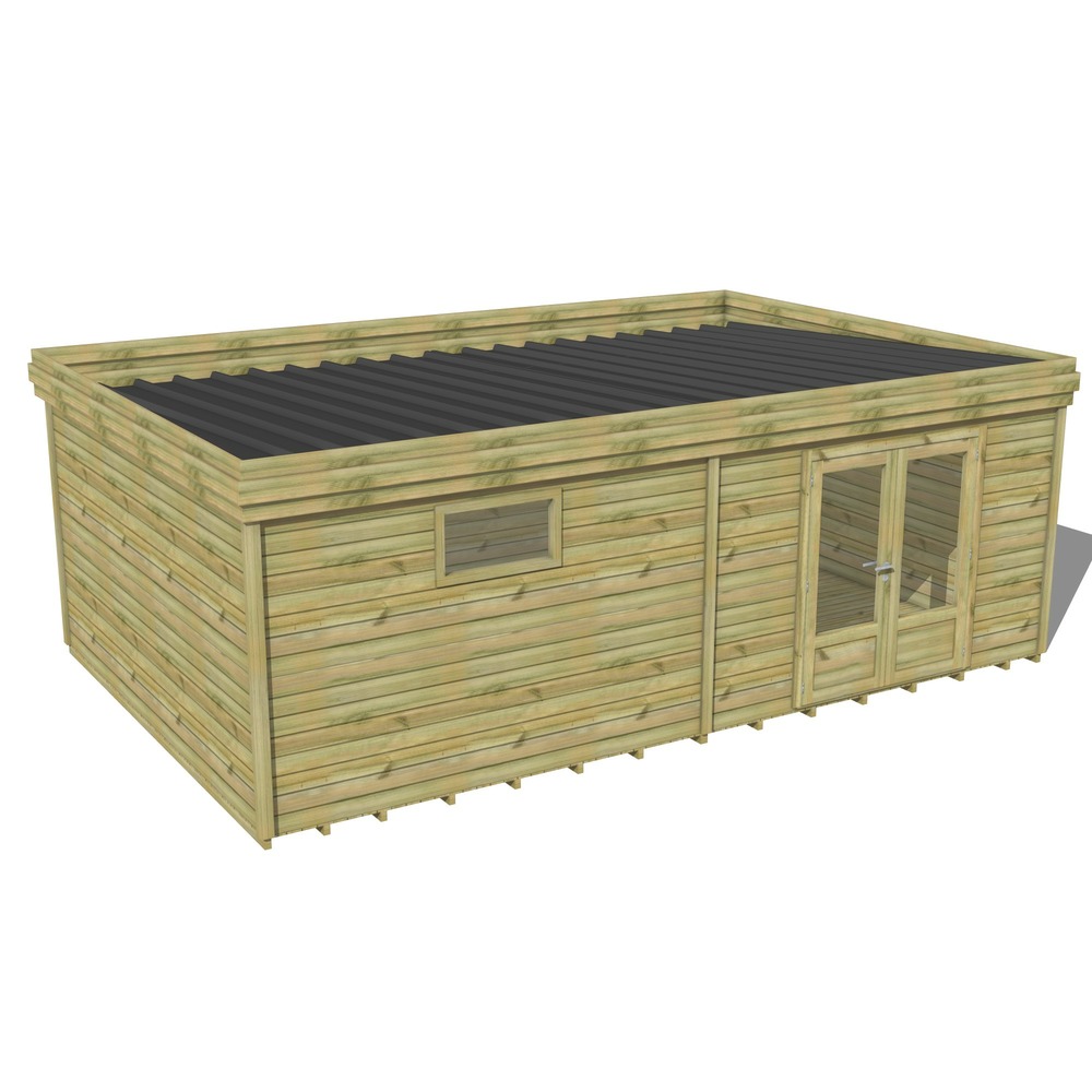 Abri de jardin bois pin traité autoclave 27mm - 7,29x4,34m / 32m2 - bac acier - plancher bois