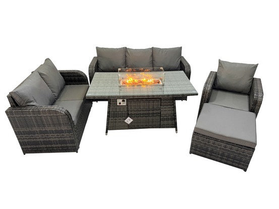 Salon de jardin avec table de foyer à gaz 7 places ensemble de canapés en rotin gris foncé mixte