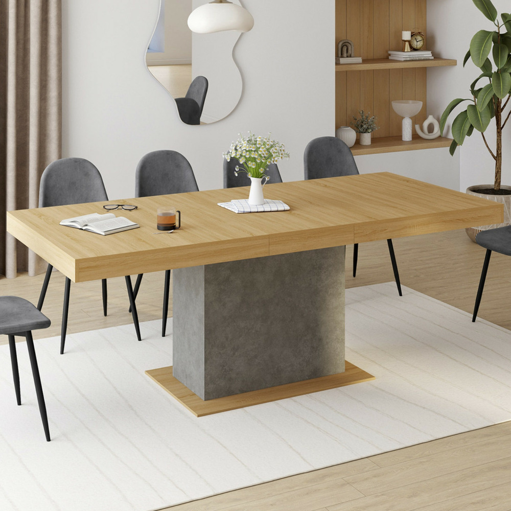 Table à manger extensible rectangle eden 6-10 personnes bois et effet béton 160-200 cm