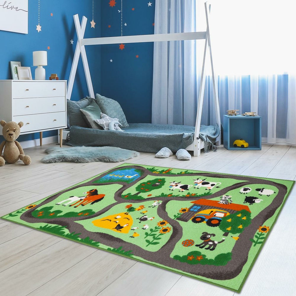 Tapis enfant 160x230 rectangle tufté vert et bleu farmroad
