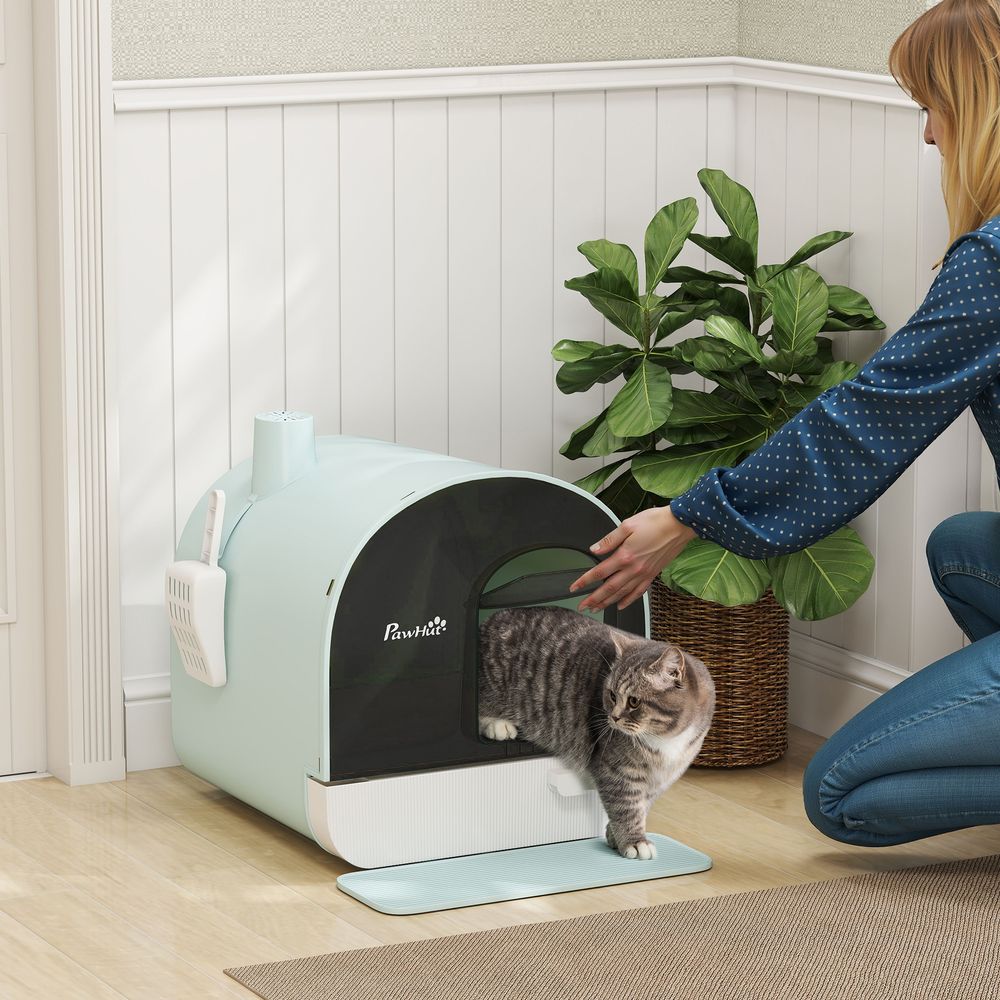 Bac à litière pour chat maison de toilette pour chat avec porte battante, pelle et filtre inclus dim. 43l x 44l x 47h cm