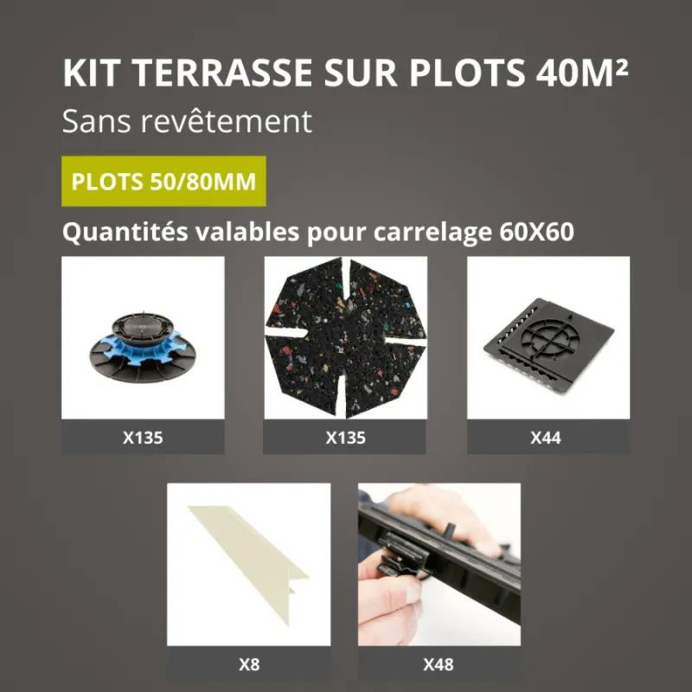 Kit terrasse sur plots sans revêtement 40m² - finition blanc perle - 50/80 mm - jouplast