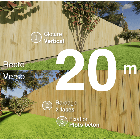 Kit clôture bois moderne 20m – h 1,9m – 21 x 130 mm autoclave vert – pose vertical – double face – à sceller