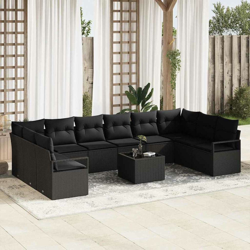Ensemble de canapés avec coussin 11 pcs noir polyrotin