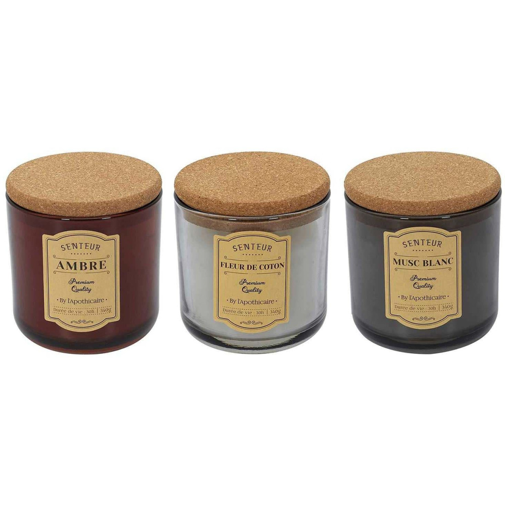 Set de 3 bougies avec bouchons en liège apothicaires 10 cm