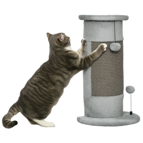 Poteau griffoir d'angle peluche sisal entretien griffes jouets suspendus gris 58cm