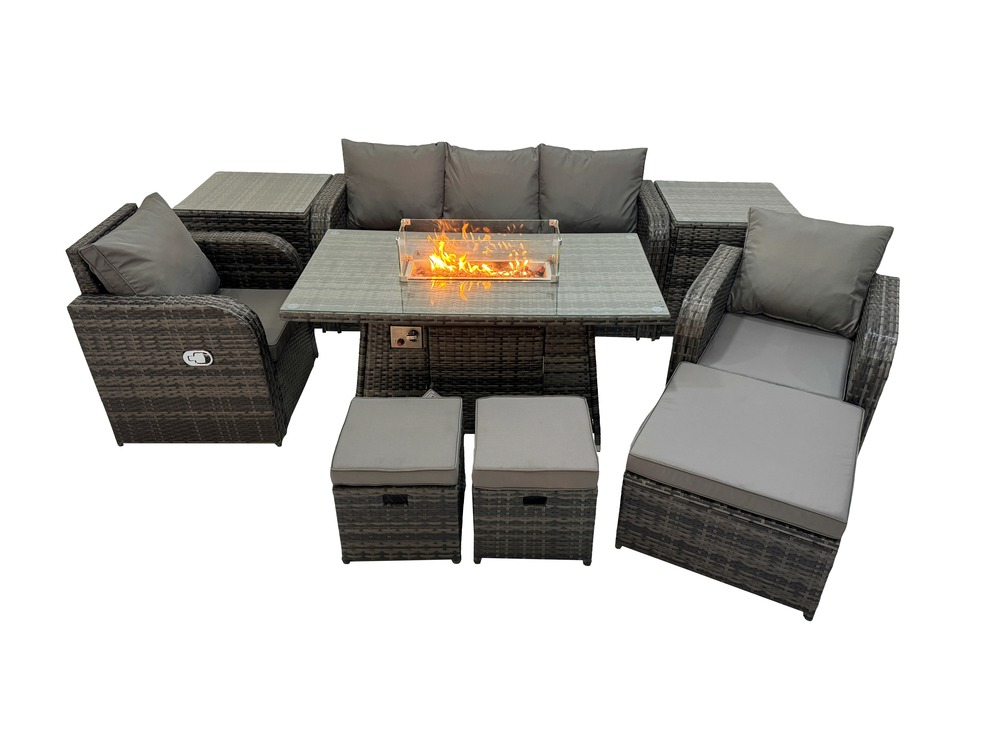 Ensemble de meubles de jardin en polyrotin table de foyer à gaz intérieur extérieur avec 2 tables d'appoint fauteuil 3 tabourets