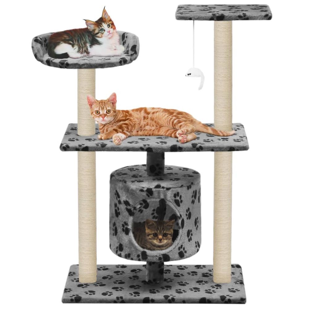 Arbre à chat 95 cm avec griffoir sisal motif pattes pour chat gris