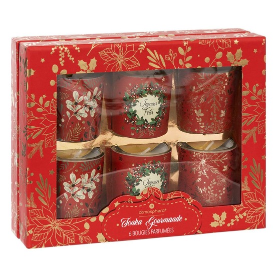 Lot de 6 bougies parfumées 40 gr avec pot verre rouge