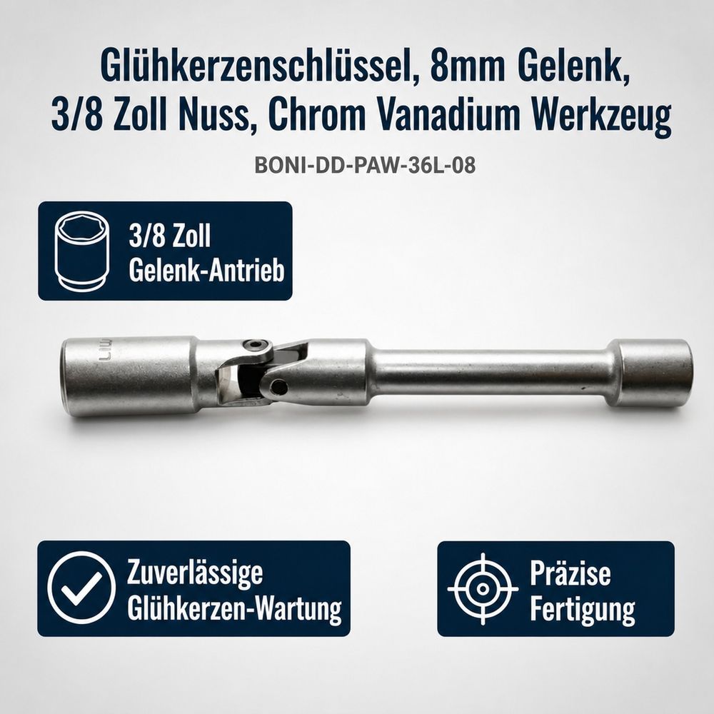 Clé à bougie de préchauffage articulée 8mm, douille 3/8 pouce, acier chrome vanadium