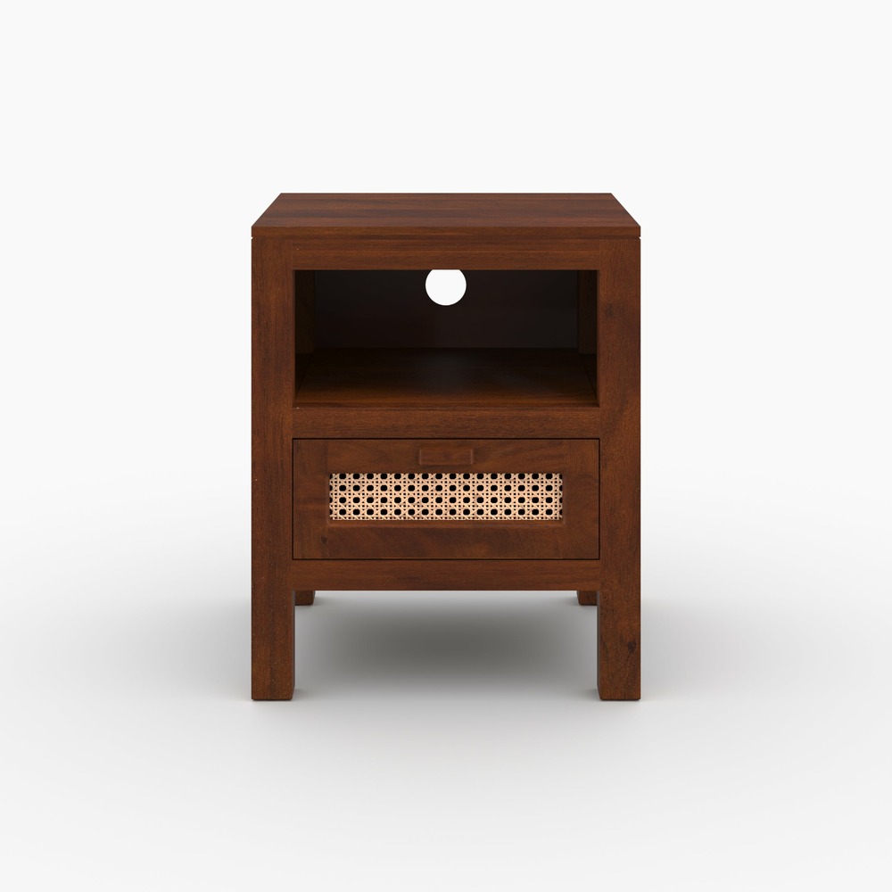 Tiki-table de chevet en bois de manguier et cannage