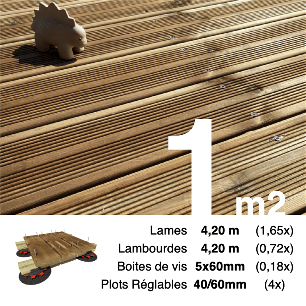 Kit complet terrasse pin autoclave marron pour 1 m², lames 4,2 m, lambourdes 4,2 m, plots réglables et visserie inox.