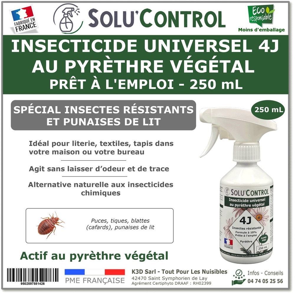 Solu’control anti-insectes universel 4j au pyrèthre végétal – prêt à l’emploi 250 ml – spécial punaises de lit & insectes résistants