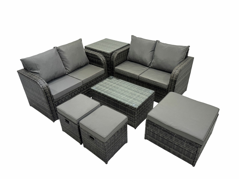 7 places ensemble de meubles de jardin canapés de terrasse fauteuil avec table en verre trempé 3 tabourets table d'appoint