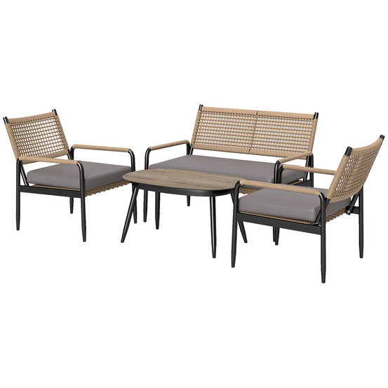 Salon de jardin polyrotin 4 places : canapé 2 places + fauteuil + table verre + coussins, gris foncé+jaune