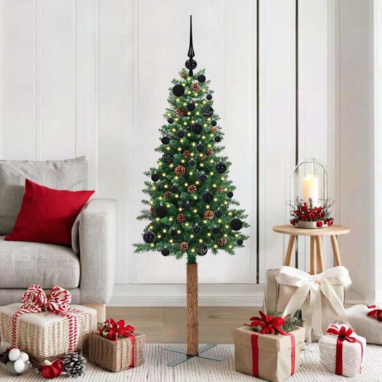 Sapin de noël slim 150 cm gain de place, kit complet avec 150 led, pommes de pin et boules de noël