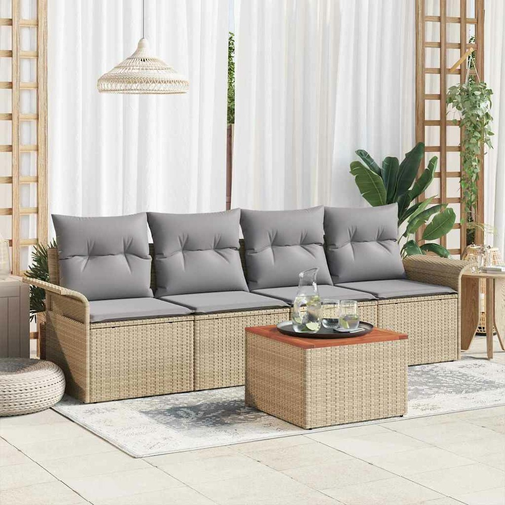 Ensemble de canapé de jardin avec coussin 5 pcs beige polyrotin