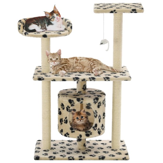 Arbre à chat avec griffoir en sisal 95 cm beige motif de pattes