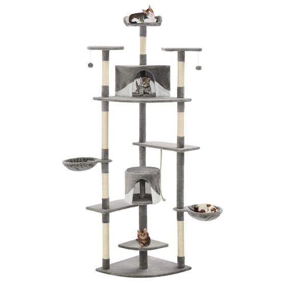 Grand arbre à chat 203 cm avec niches paniers et griffoirs sisal gris