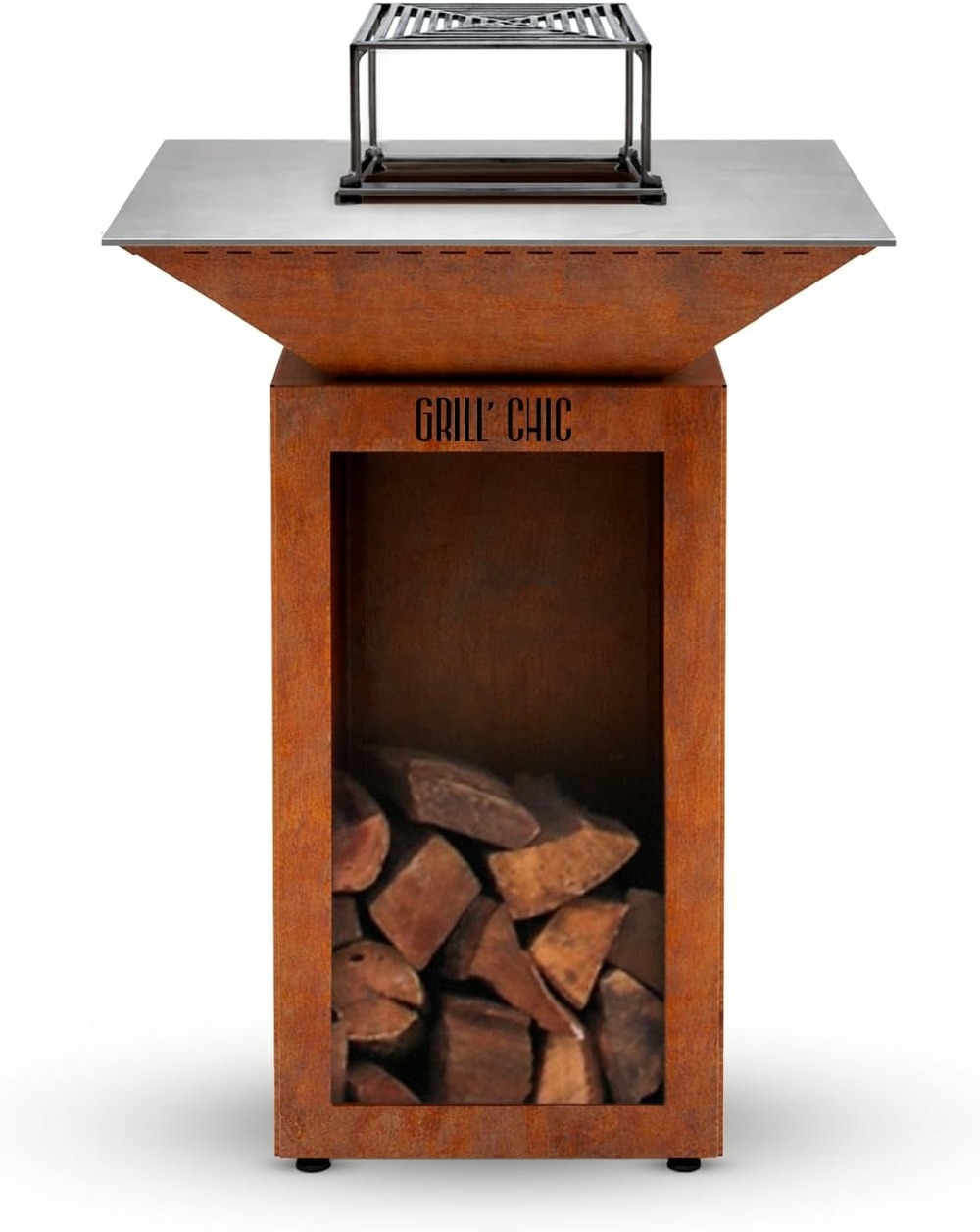 Grill'chic - pack privilège brasero cévenol corten bois carré - simple cuve - avec bâche + grille + stop food inclus - à assembler -