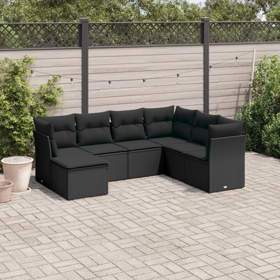 Salon de jardin 7 pcs avec coussins noir résine tressée