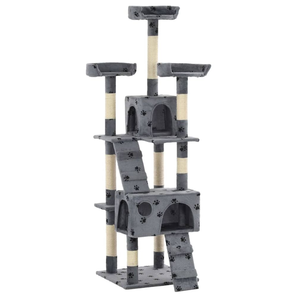 Grand arbre à chat 170 cm sisal 2 niches motif pattes gris