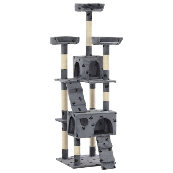 Grand arbre à chat 170 cm sisal 2 niches motif pattes gris