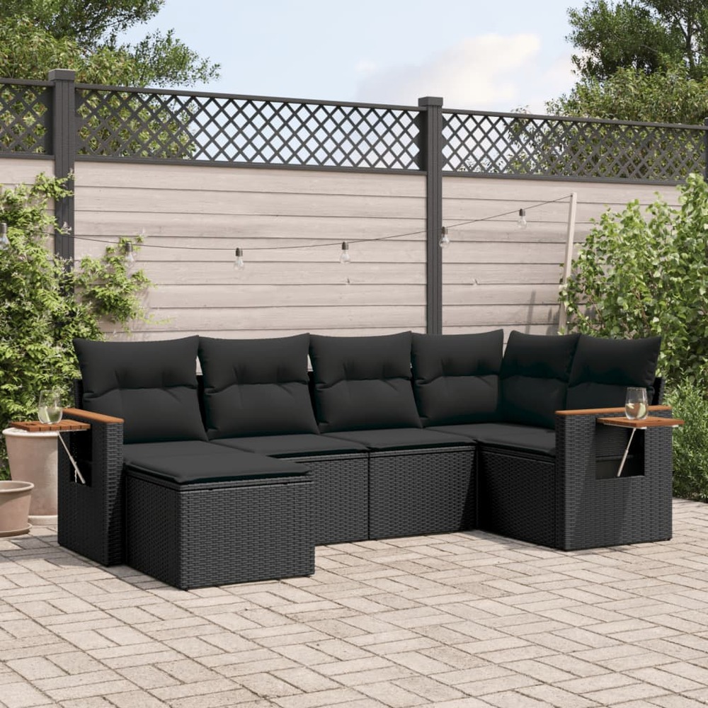 Salon de jardin 6 pcs avec coussins noir résine tressée