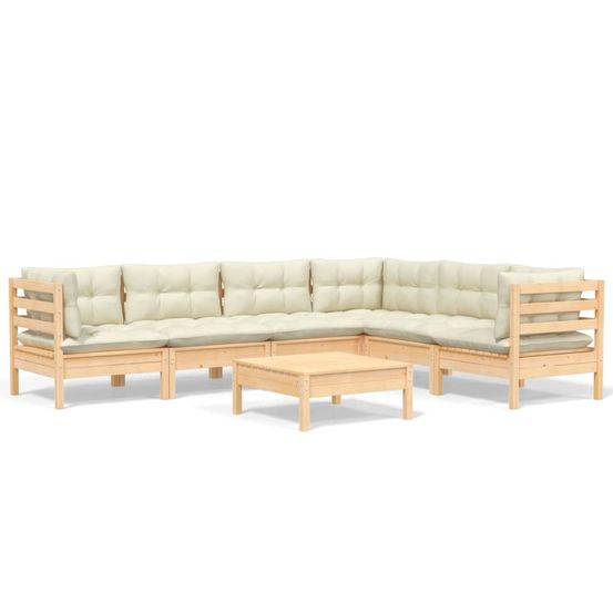 Salon de jardin 7 pcs avec coussins crème bois de pin massif