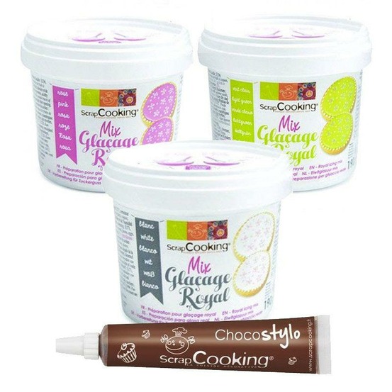 3 préparations glaçage blanc, rose et vert clair + 1 stylo chocolat