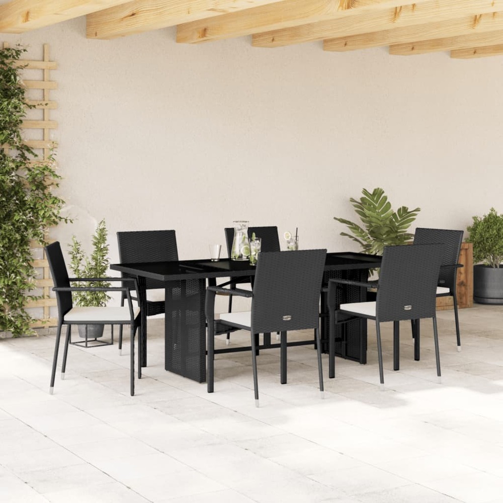 Ensemble à manger de jardin coussins 7pcs noir résine tressée