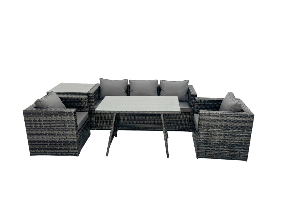 5 places ensemble repas de jardin exterieur avec canapé table à manger oblongue fauteuil table d'appoint gris foncé mixte