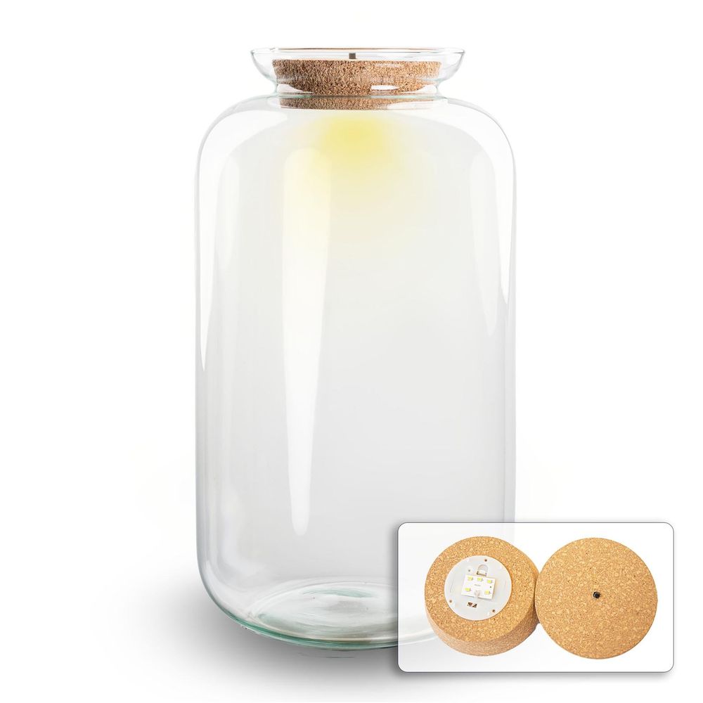 Haute bouteille terrarium en verre recyclé 15 l avec bouchon led, ø 23 cm hauteur 43 cm - terrarium diy