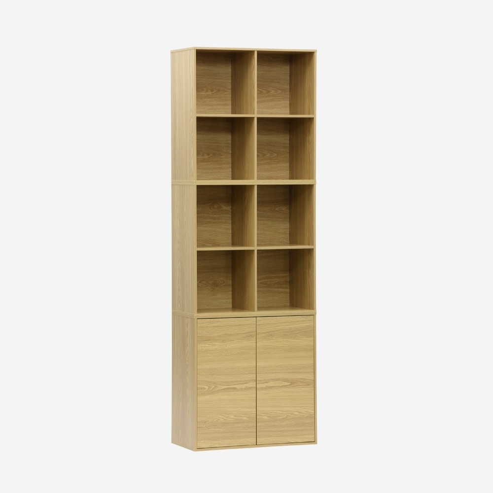 Etagère, bibliothèque modulable décor bois 3 éléments - 2 portes 8 niches l 70 x p 35 x h 210cm - kompo