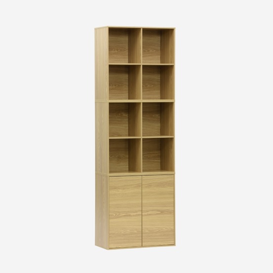 Etagère, bibliothèque modulable décor bois 3 éléments - 2 portes 8 niches l 70 x p 35 x h 210cm - kompo