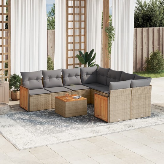Salon de jardin avec coussins 9 pcs beige résine tressée