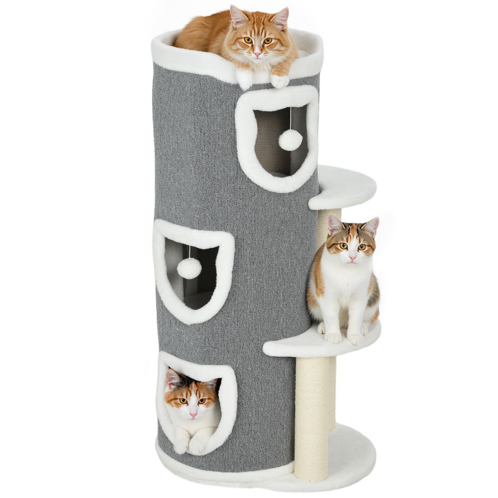 Tour pour chat 4 niveaux stable avec griffoirs sisal et niches en tonneau gris
