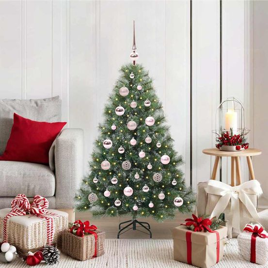 Sapin artificiel vert 120 cm avec lumières, kit déco 61 boules & cimier inclus