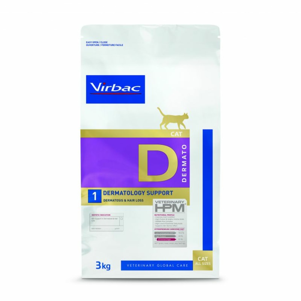 Croquettes chat veterinary hpm cat d1 dermatology - virbac 3 kg