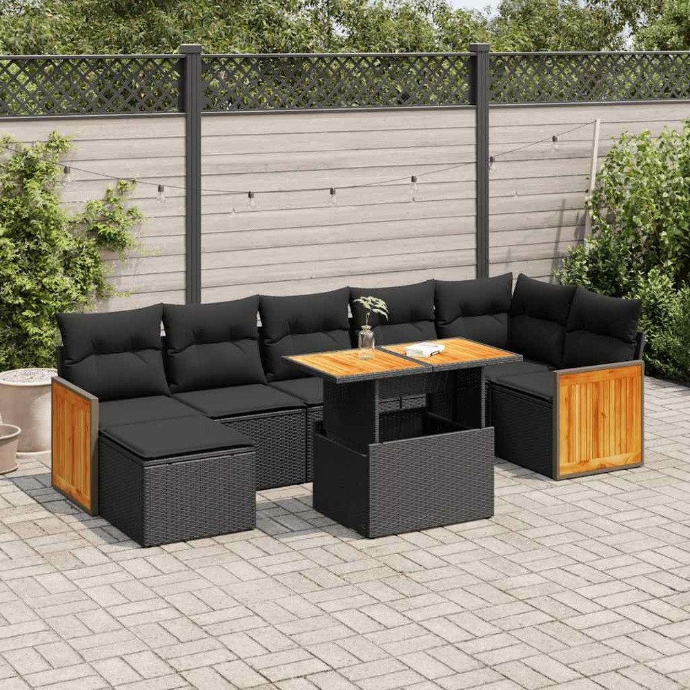 Salon de jardin avec coussins 8 pcs noir résine tressée acacia