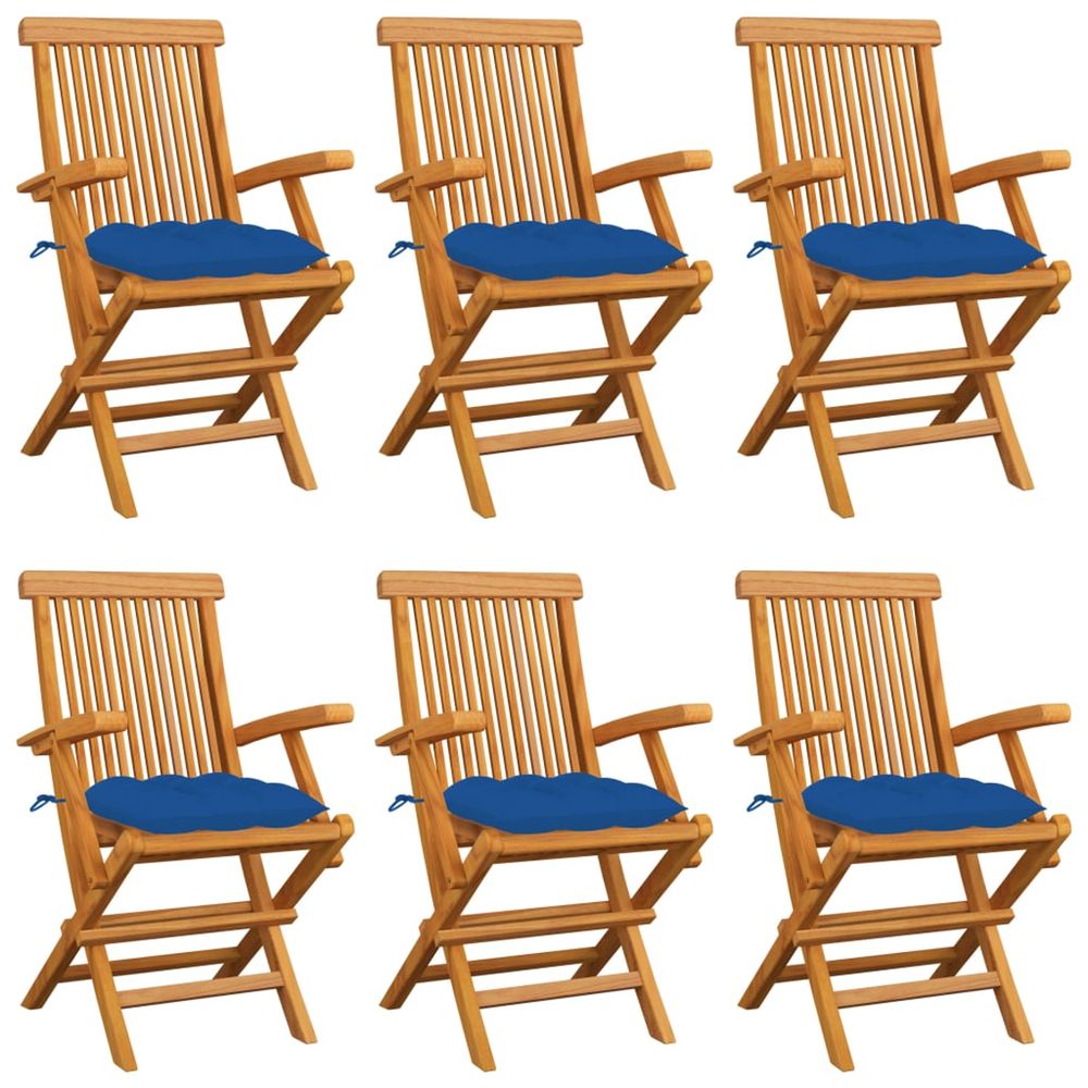 Chaises pliantes avec coussins bleus, 6 pièces, en teck massif