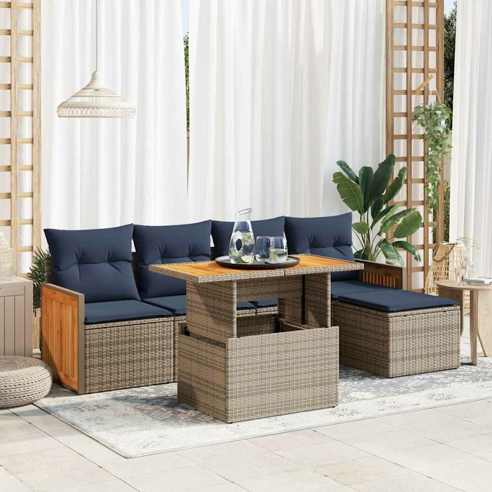 Salon de jardin avec coussins 6 pcs gris résine tressée acacia
