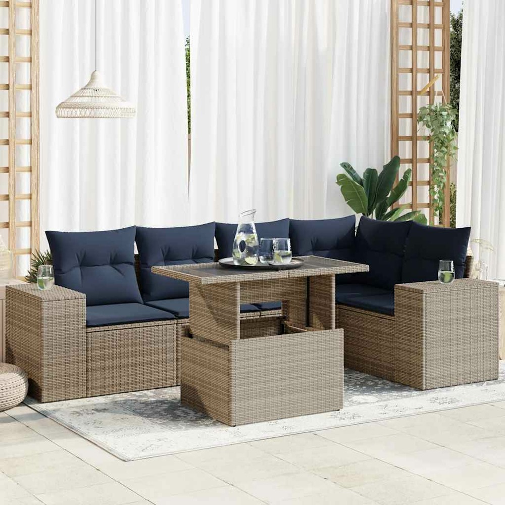 Salon de jardin 6 pcs avec coussins noir résine tressée acacia