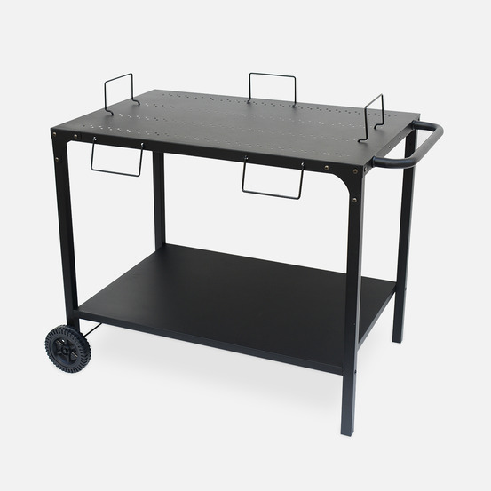 Desserte extérieure noire en acier modulable pour plancha avec deux roues