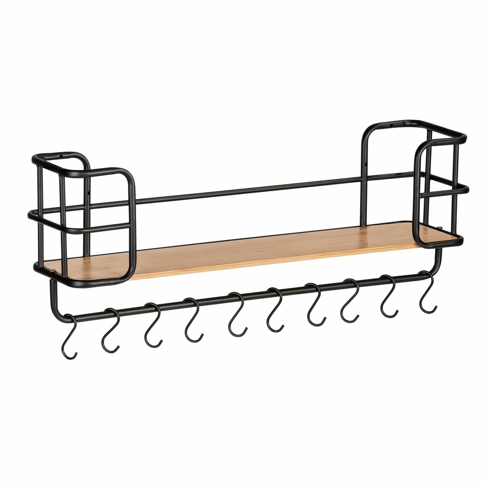 Etagère murale loft avec tablette et 10 crochets - en métal et bambou - noir et marron