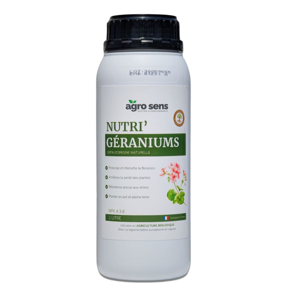 Nutri géraniums - engrais liquide pour géraniums - 1 litre (500 litres de préparation)