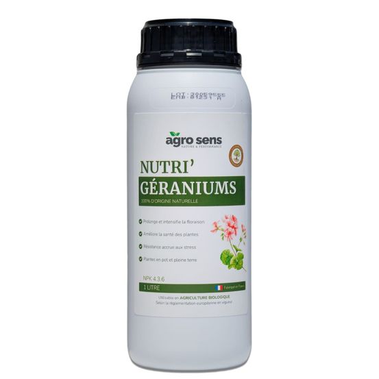Nutri géraniums - engrais liquide pour géraniums - 1 litre (500 litres de préparation)