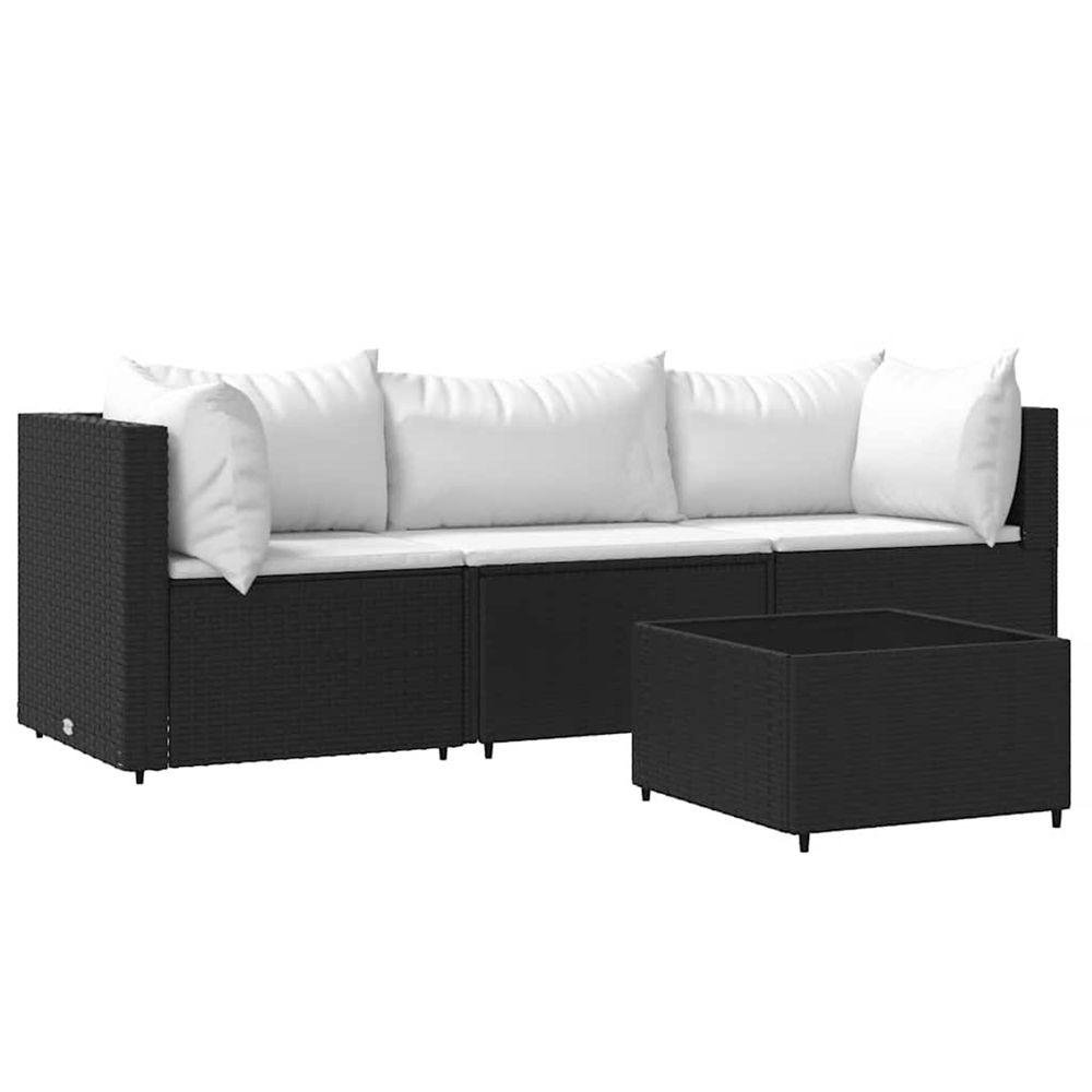 Salon de jardin 4 pcs avec coussins noir résine tressée