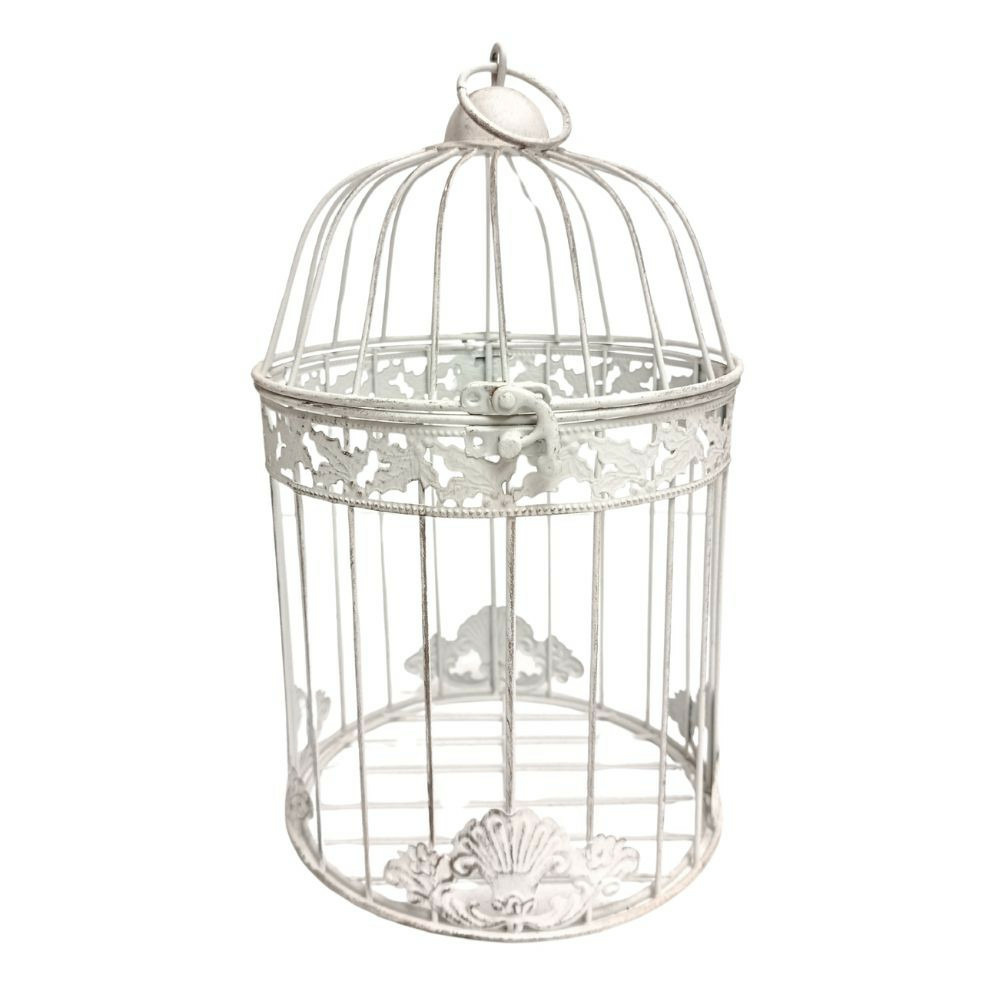 Cage ronde en métal blanc vieilli ø. 12 x ht. 20 cm