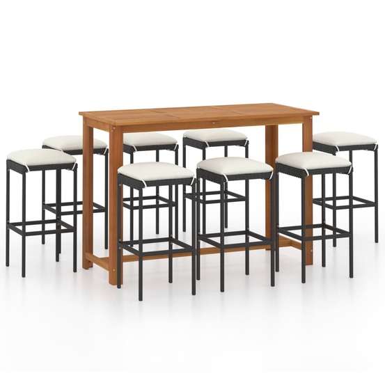 Ensemble de bar de jardin avec coussins 9 pcs noir